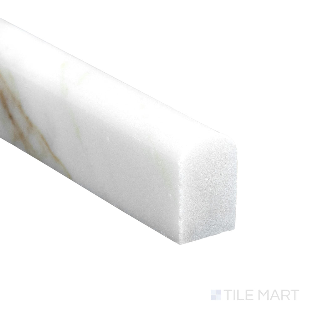 Corner detail of Calacatta Gold Marble 0.5x12 polished mini liner highlighting sleek reflective surface and fine edge.