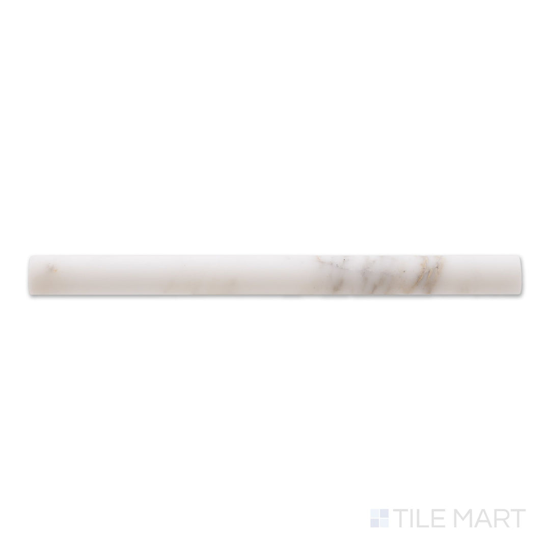 Flat-lay of Calacatta Gold Marble 1x12 honed quarter round, featuring a softly curved matte marble trim with subtle gold and grey veins.