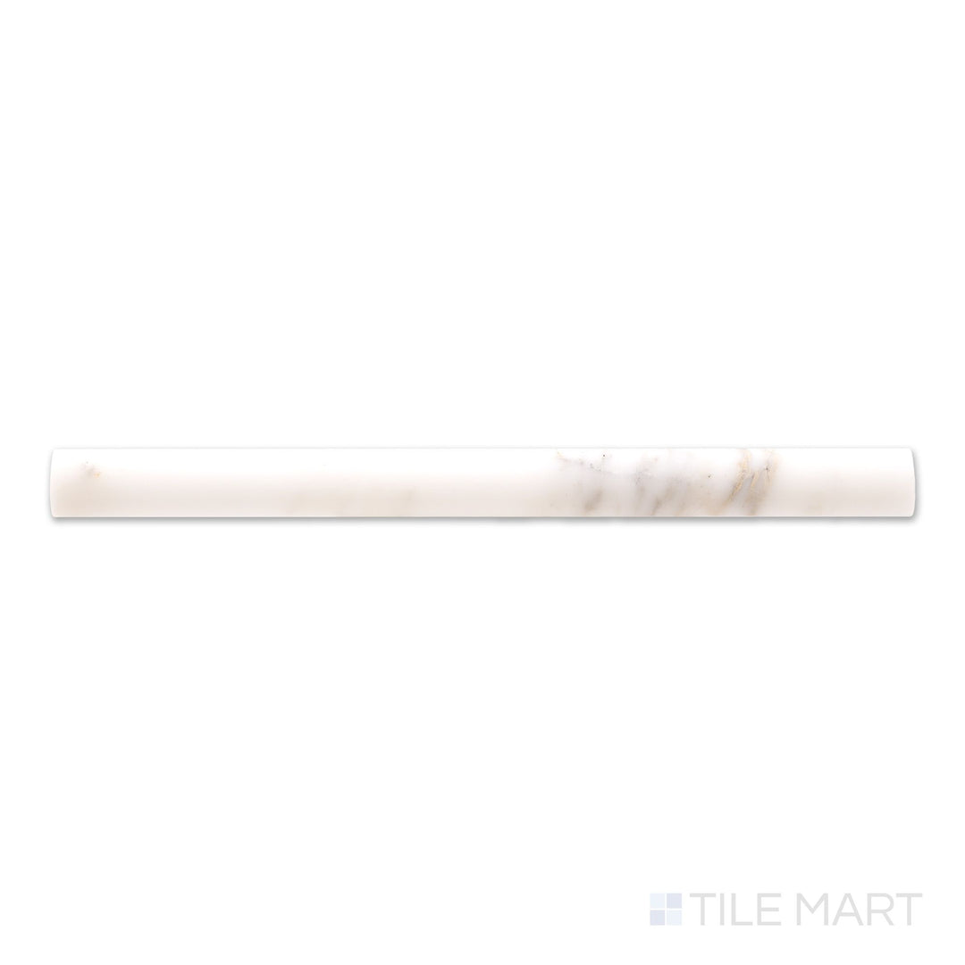 Overhead view of Calacatta Gold Marble 1x12 polished quarter round, a rounded edge glossy marble trim with dramatic golden streaks.
