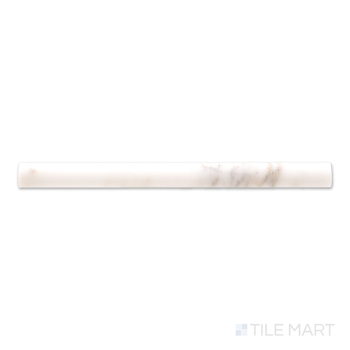 Overhead view of Calacatta Gold Marble 1x12 polished quarter round, a rounded edge glossy marble trim with dramatic golden streaks.