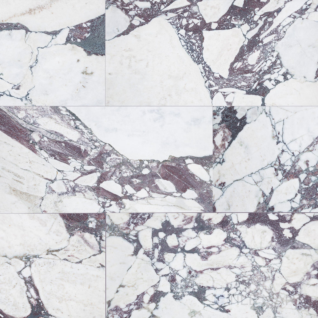 Calacatta Viola marble 12x24 honed tile shown in overview, featuring dramatic burgundy veining on a smooth, matte white surface.