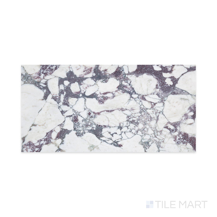 Top-down image of Calacatta Viola Marble 12x24 honed tile, displaying a creamy white surface with bold, deep purple and burgundy veining in a matte finish.