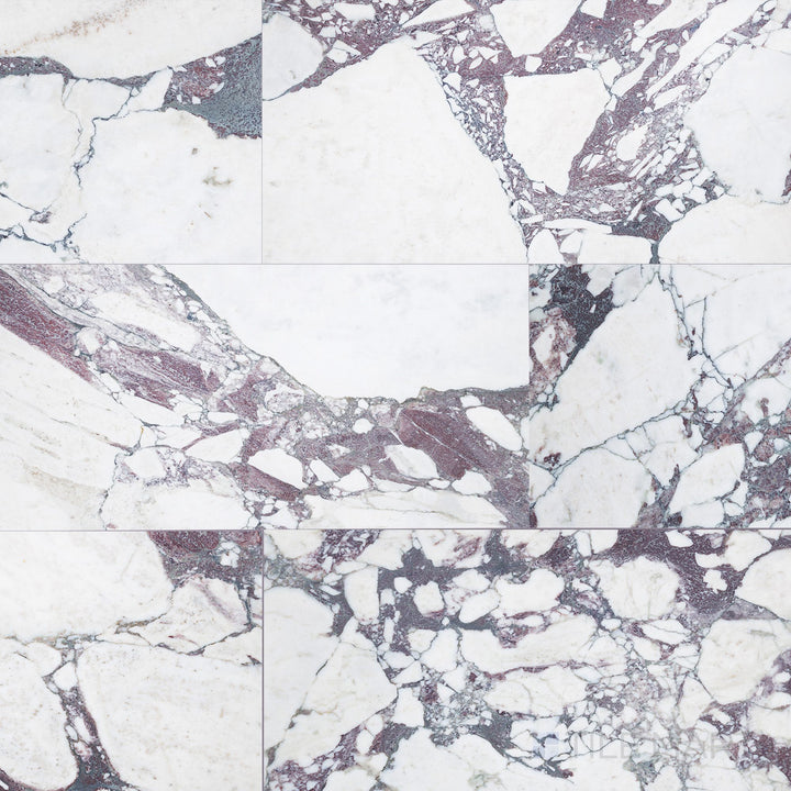 Overview of Calacatta Viola marble 12x24 polished tile, with bold violet veining and a sleek, reflective surface for high-impact design.