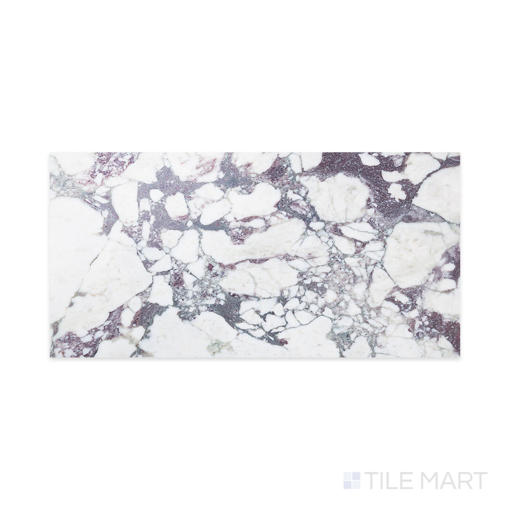 Flat-lay of Calacatta Viola Marble 12x24 polished tile, featuring vivid maroon and violet veining over a white background with a high-gloss finish.