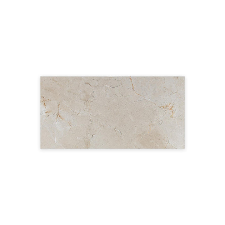 Top-down view of Crema Marfil Classic Marble 3x6 tile in a honed finish, featuring warm beige tones and a soft matte surface ideal for timeless spaces.