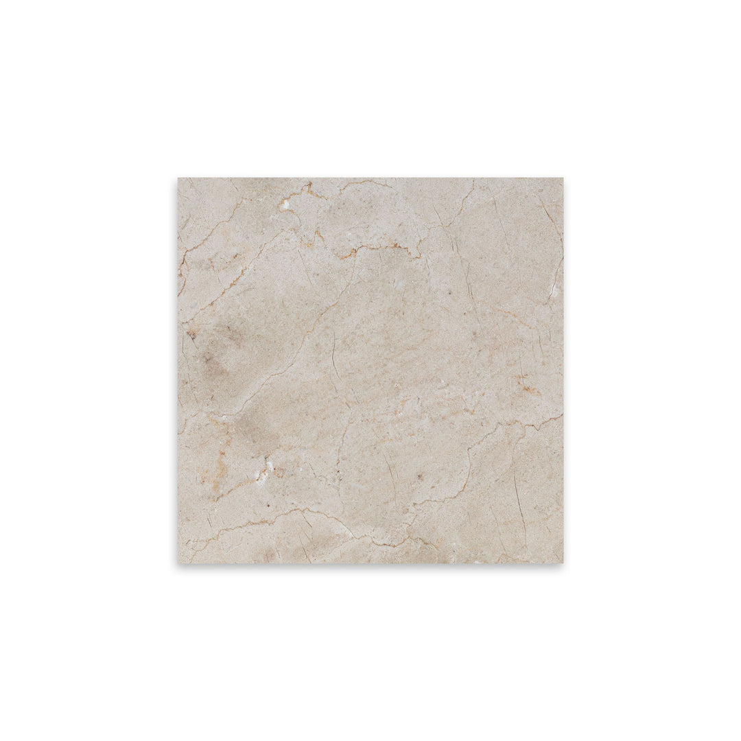 Top-down view of Crema Marfil Classic Marble 12x12 tile in honed finish, offering a smooth matte surface and warm beige coloration ideal for elegant interiors.