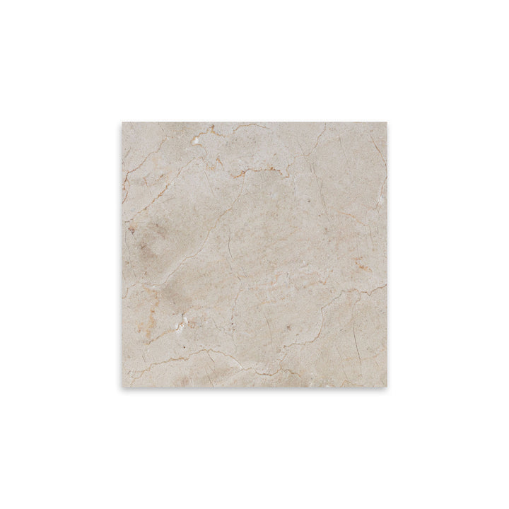 Top-down view of Crema Marfil Classic Marble 12x12 tile in honed finish, offering a smooth matte surface and warm beige coloration ideal for elegant interiors.