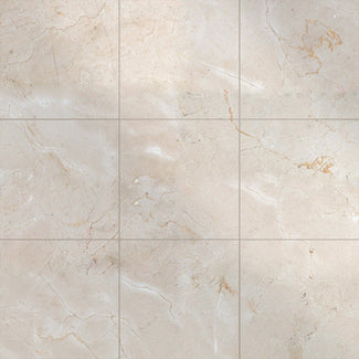 Polished 12x12 Crema Marfil Classic Marble tiles laid out to reflect the high-gloss finish and natural veining.