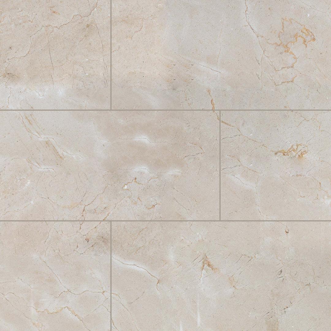 12x24 honed Crema Marfil Classic Marble tiles shown in a rectangular overview pattern with a subtle matte surface.