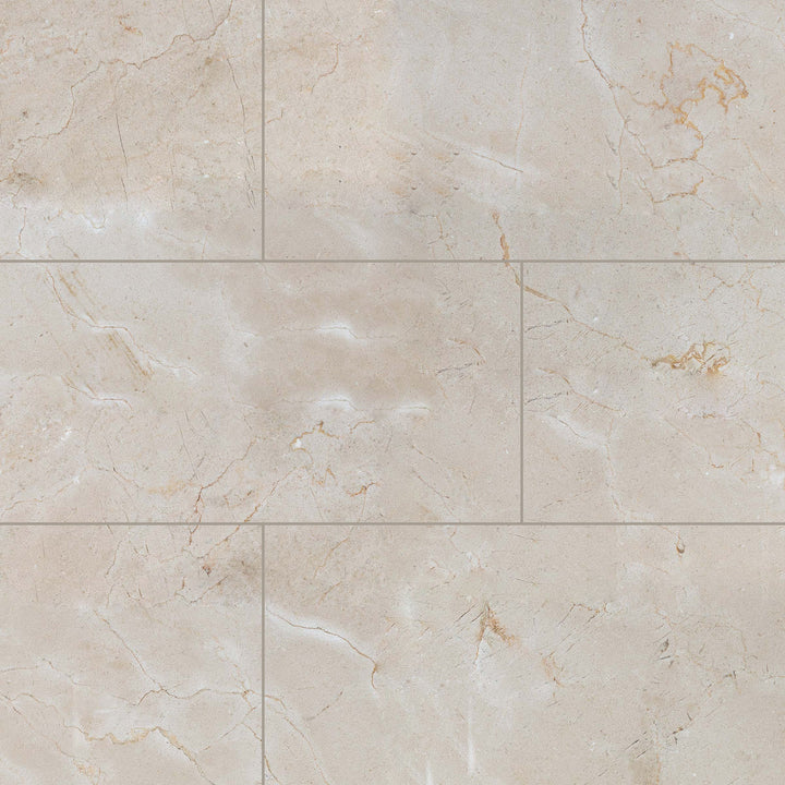 12x24 honed Crema Marfil Classic Marble tiles shown in a rectangular overview pattern with a subtle matte surface.