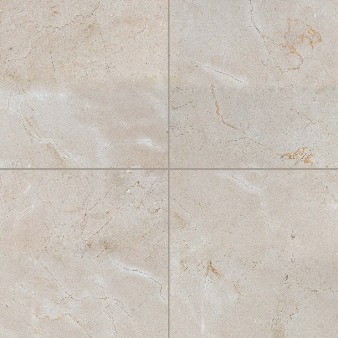 Overview of 18x18 honed Crema Marfil Classic Marble tiles in a neutral grid, emphasizing natural creamy texture.