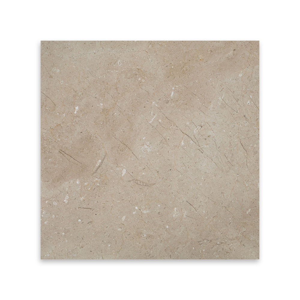 Top-view shot of honed Crema Marfil Classic Marble tile in 18x18 size, with soft beige tones and gentle surface texture for a refined floor layout.