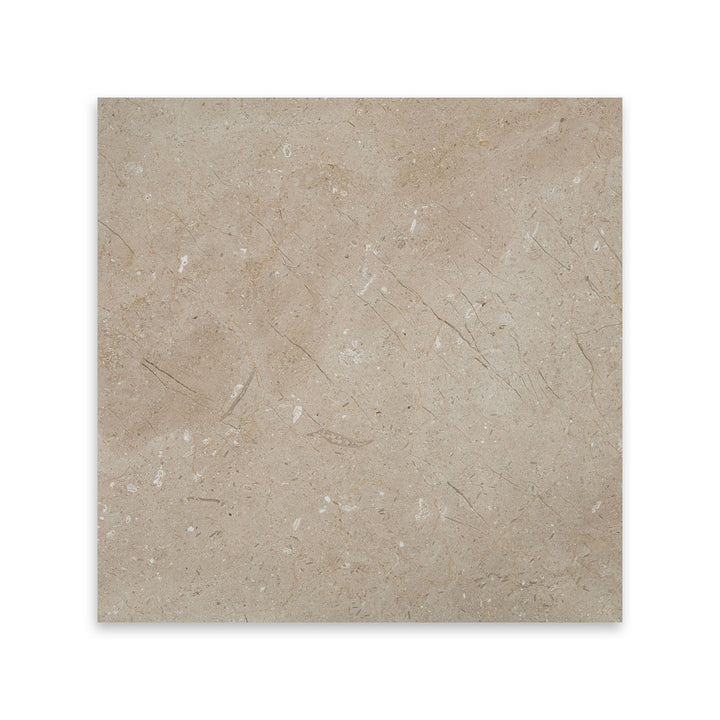 Top-view shot of honed Crema Marfil Classic Marble tile in 18x18 size, with soft beige tones and gentle surface texture for a refined floor layout.