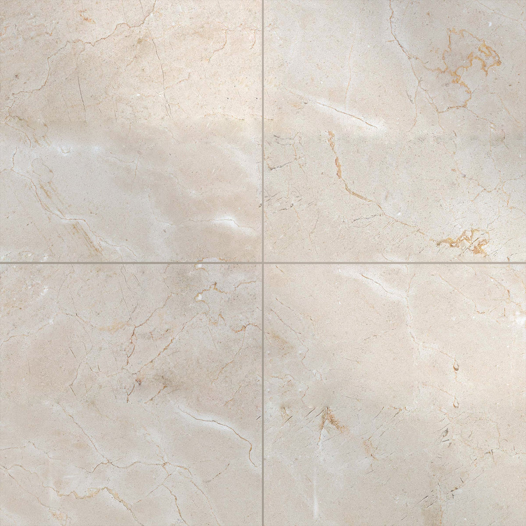 Polished 18x18 Crema Marfil Classic Marble tiles arranged in a grid to display reflective finish and creamy beige tones.
