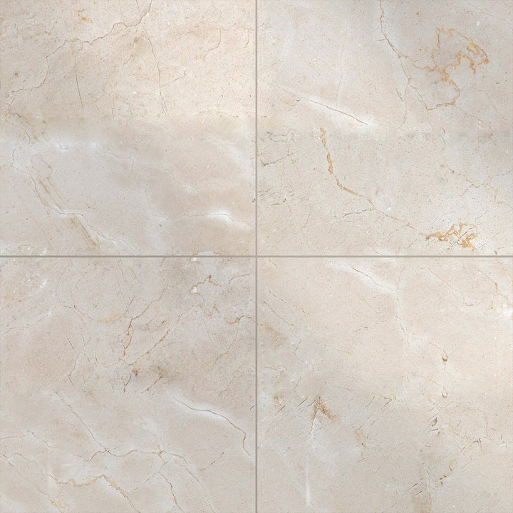 Polished 18x18 Crema Marfil Classic Marble tiles arranged in a grid to display reflective finish and creamy beige tones.