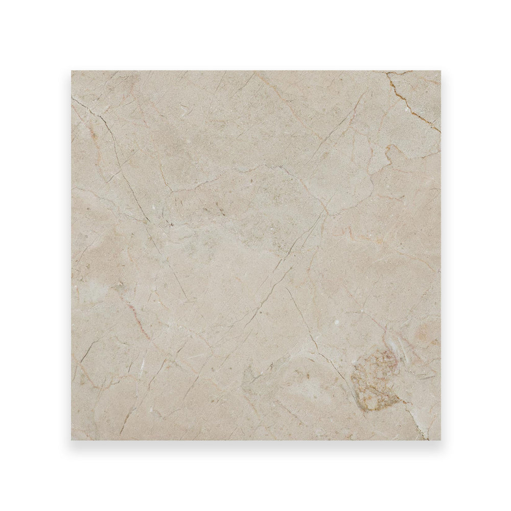 This 24x24 honed Crema Marfil Classic Marble tile seen from above offers a spacious, soft-finish surface with timeless creamy tones.