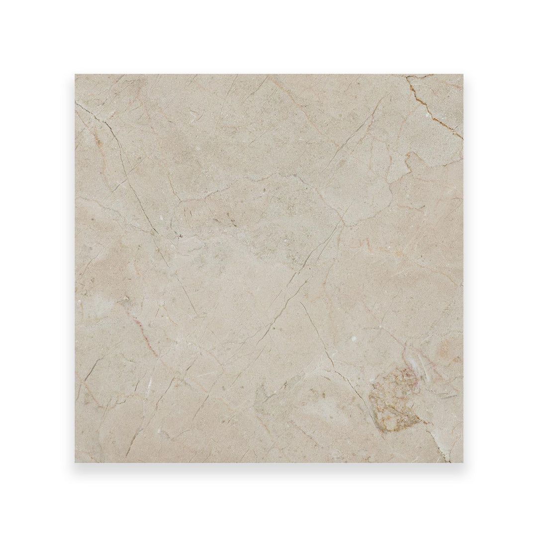 This 24x24 honed Crema Marfil Classic Marble tile seen from above offers a spacious, soft-finish surface with timeless creamy tones.