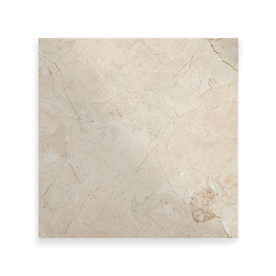 Polished Crema Marfil Classic Marble tile in 24x24 size viewed from a top-down perspective, featuring luxurious shine and subtle marble movement.