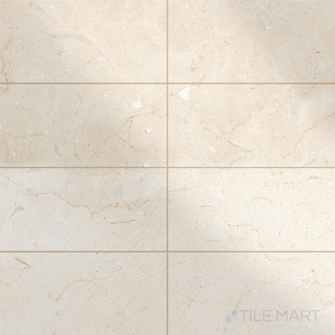 Top view of 6x12 polished Crema Marfil Select Marble tiles with glossy finish and subtle golden veining.
