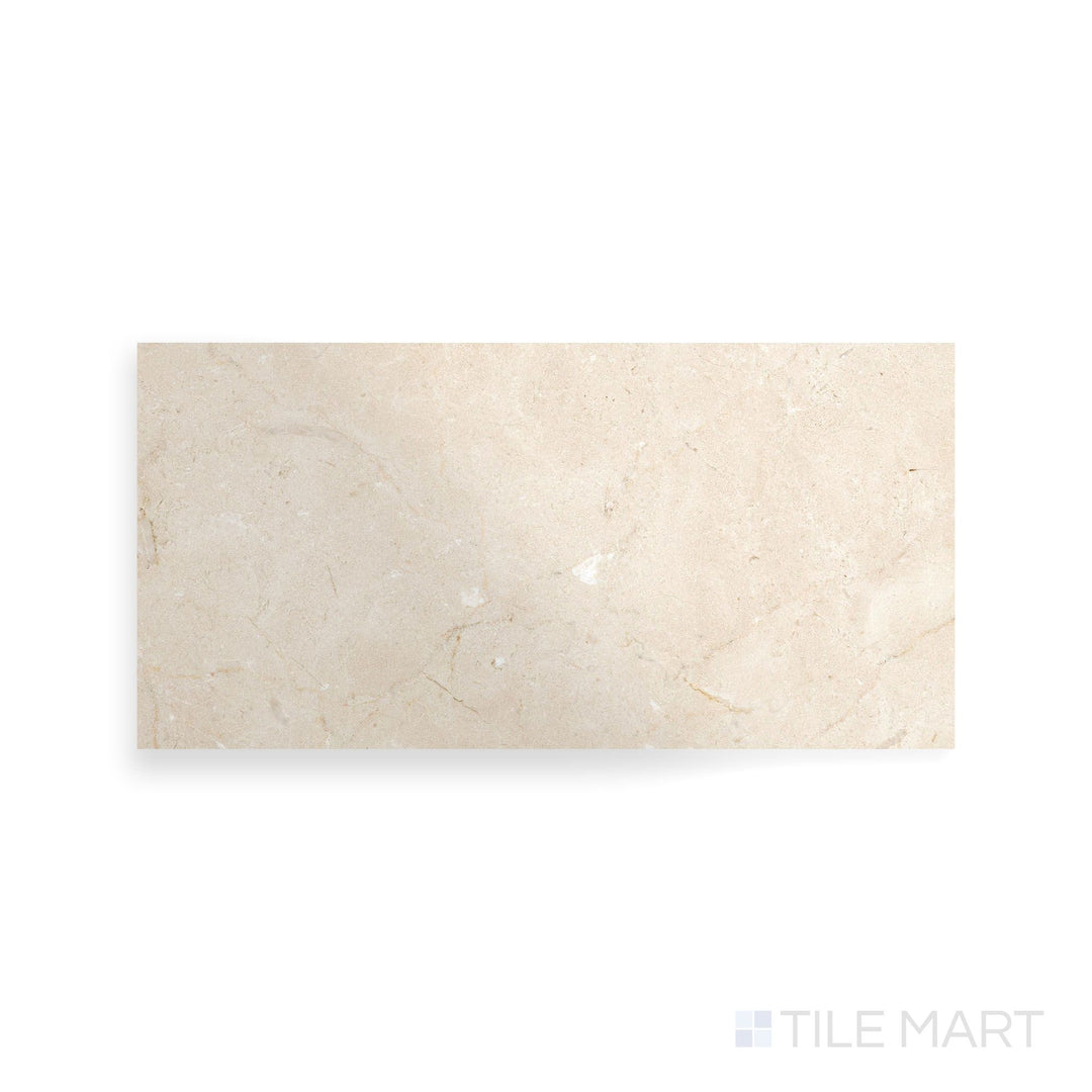 Top-down image of Crema Marfil Select Marble 6x12 tile with a polished finish, providing a glossy beige surface perfect for upscale designs.