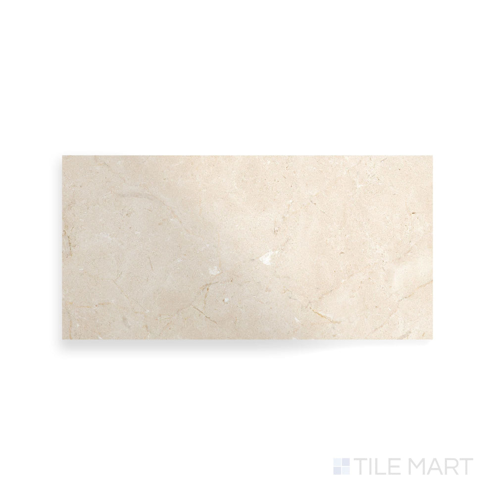 Top-down image of Crema Marfil Select Marble 6x12 tile with a polished finish, providing a glossy beige surface perfect for upscale designs.