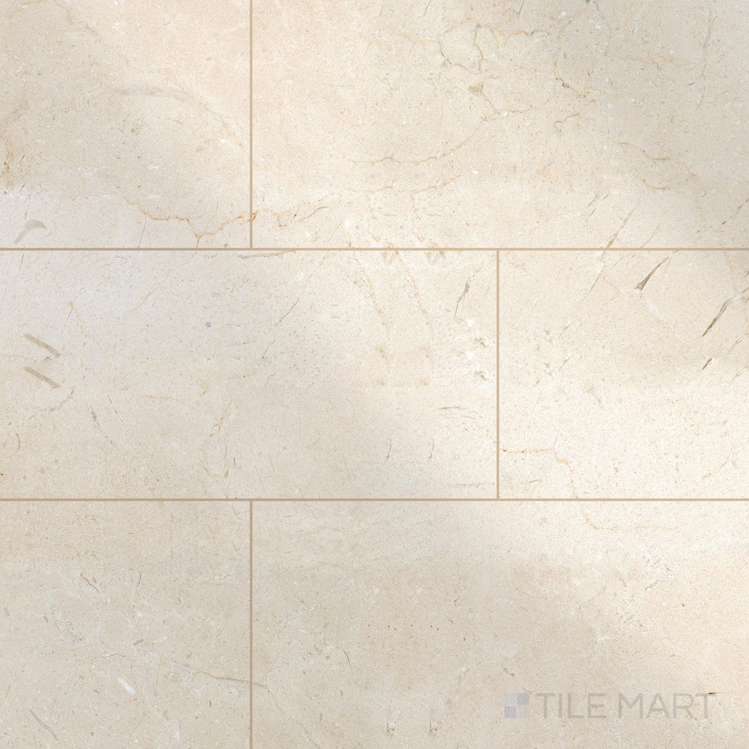 24x12 polished Crema Marfil Select Marble tiles in a clean layout highlighting shine and soft veining.