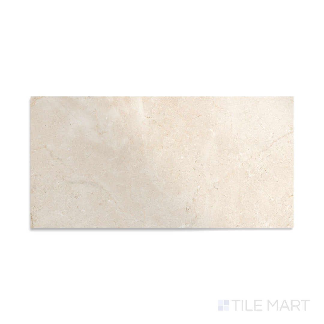 Overhead image of Crema Marfil Select Marble 12x24 polished tile, featuring glossy beige tones and refined natural patterns for upscale settings.