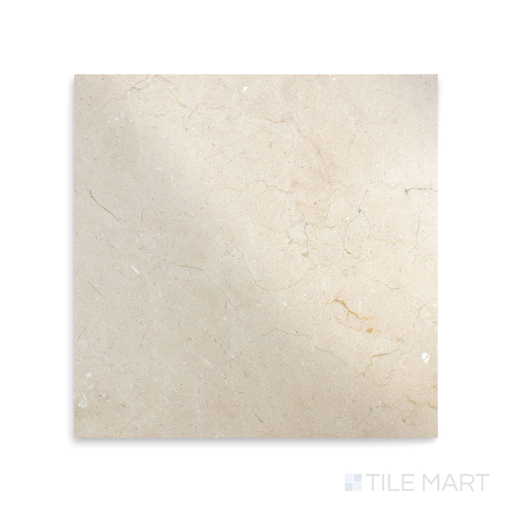 Polished 18x18 Crema Marfil Select Marble tile viewed from the top, with radiant beige hues and clean lines for luxurious applications.