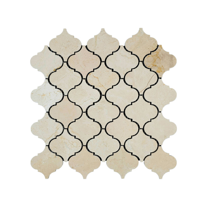 Top-down image of Crema Marfil Marble 3 inch lantern mosaic in a honed finish, featuring classic curves and soft beige tones with natural texture.