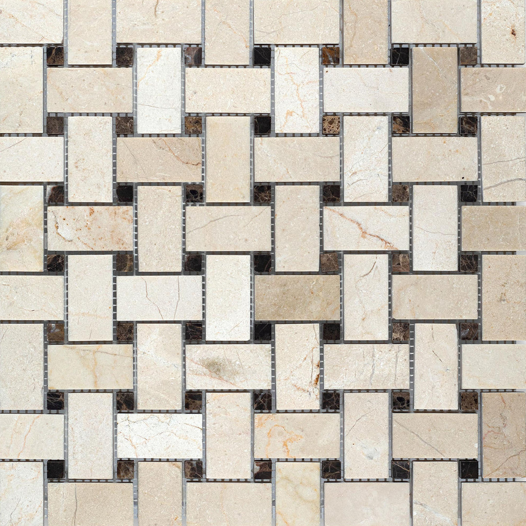Crema Marfil Marble basketweave honed mosaic with brown dot accents shown in a complete pattern layout highlighting warm beige tones.