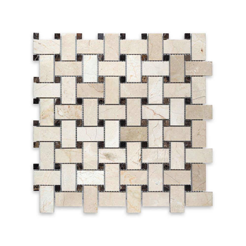Seen from above, this Crema Marfil Marble basketweave mosaic with brown dot in honed finish provides a classic layout with soft neutral contrast.