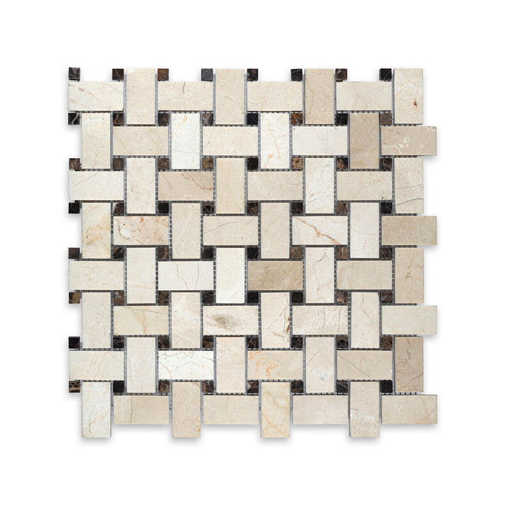 Seen from above, this Crema Marfil Marble basketweave mosaic with brown dot in honed finish provides a classic layout with soft neutral contrast.
