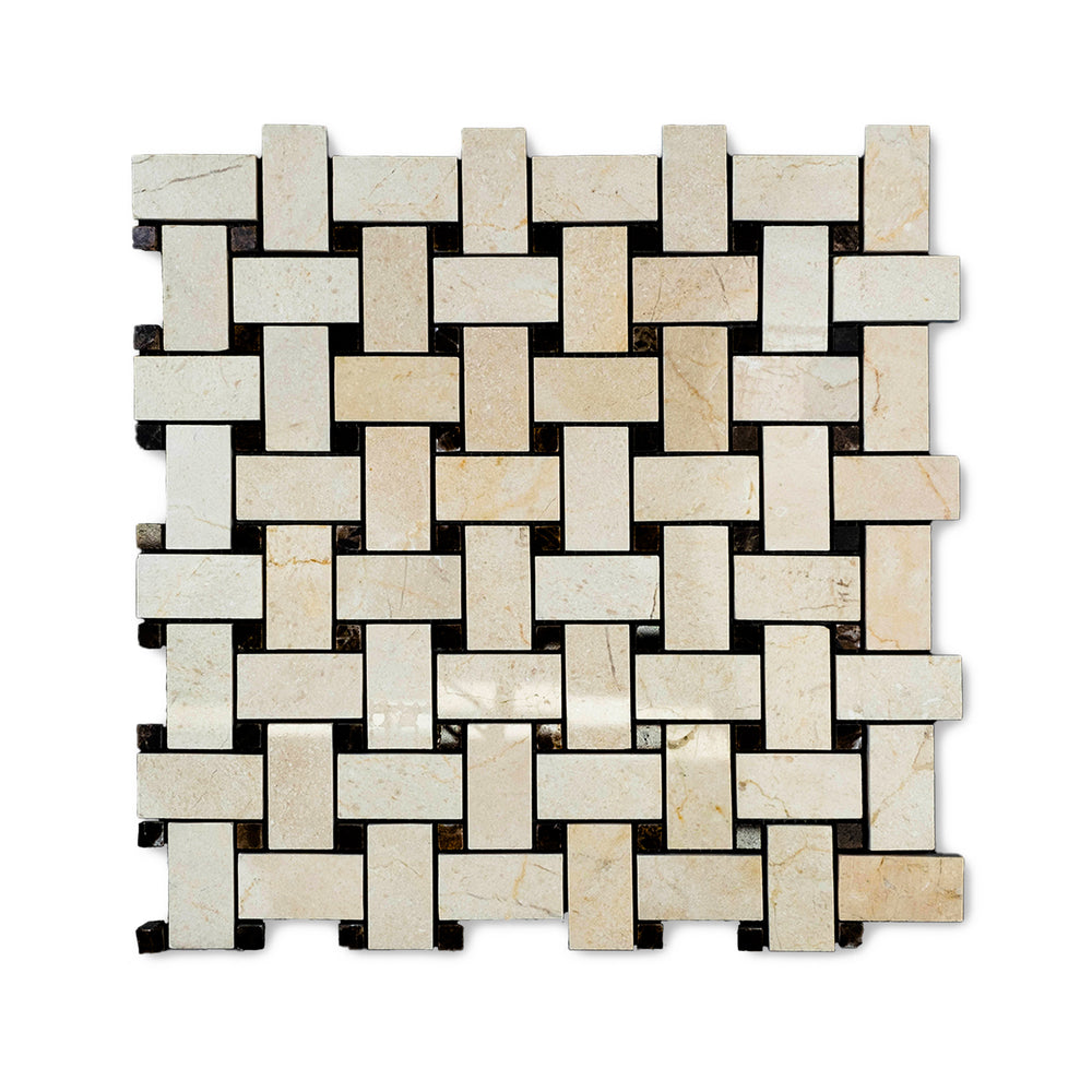 Polished Crema Marfil Marble basketweave mosaic with brown dot captured from a top-down perspective, blending traditional charm with reflective surfaces.