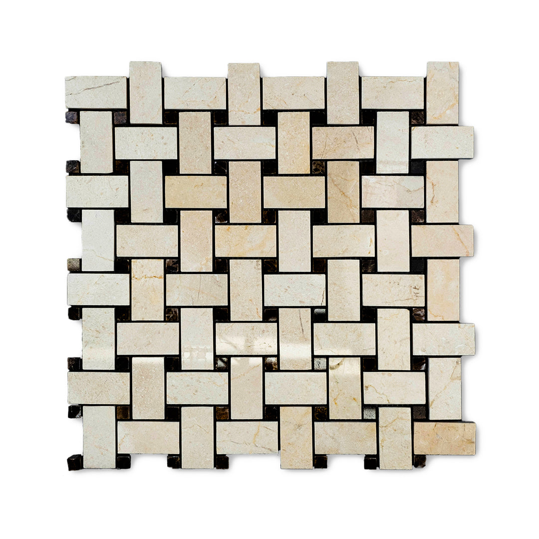 Polished Crema Marfil Marble basketweave mosaic with brown dot captured from a top-down perspective, blending traditional charm with reflective surfaces.