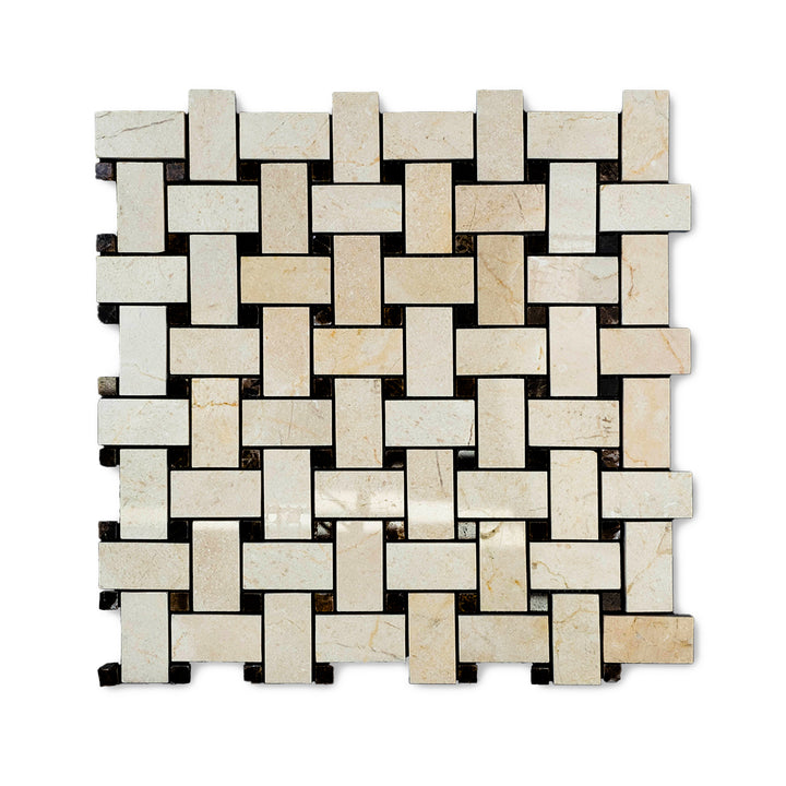 Polished Crema Marfil Marble basketweave mosaic with brown dot captured from a top-down perspective, blending traditional charm with reflective surfaces.