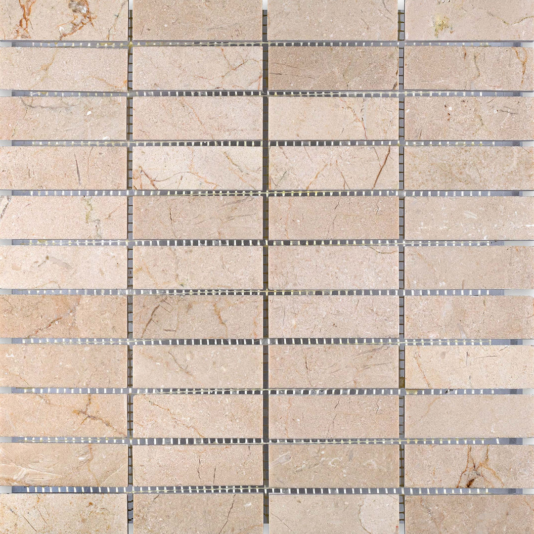 Crema Marfil Marble 1x3 stacked honed mosaic presented in an aligned overview that enhances the soft matte finish.