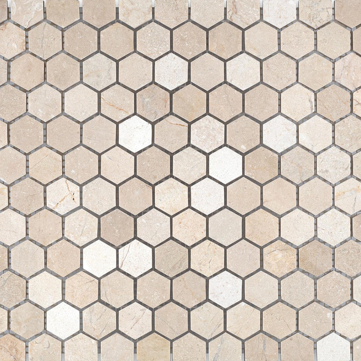 Crema Marfil Marble 1" hexagon honed mosaic in an all-over view, showcasing geometric precision and soft finish.