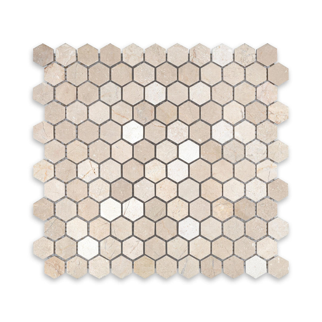 Crema Marfil Marble 1 inch hexagon mosaic in honed finish shown from above, highlighting soft curves, muted veining, and a subtle matte texture.
