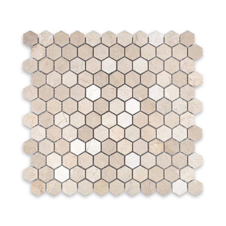 Crema Marfil Marble 1 inch hexagon mosaic in honed finish shown from above, highlighting soft curves, muted veining, and a subtle matte texture.