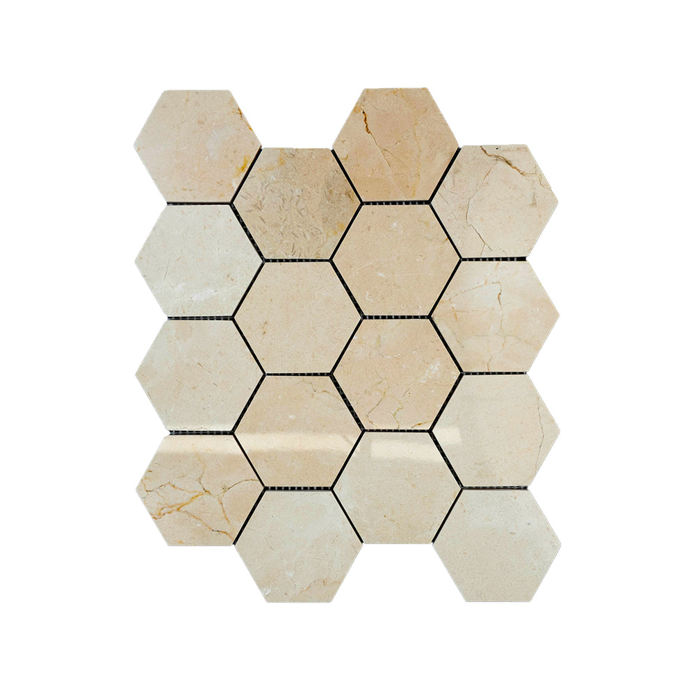 Polished Crema Marfil Marble 3 inch hexagon mosaic seen from the top, showcasing wide hexagonal shapes with elegant shine and classic marble appeal.