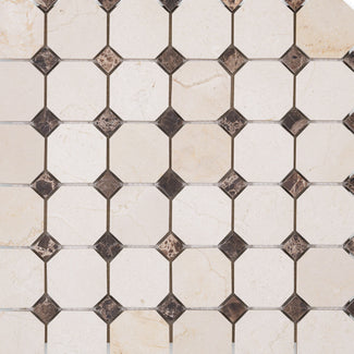 2" octagon mosaic in honed Crema Marfil Marble with brown dot insets displayed in a geometric layout for contrast.