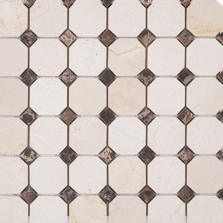2" octagon mosaic in honed Crema Marfil Marble with brown dot insets displayed in a geometric layout for contrast.