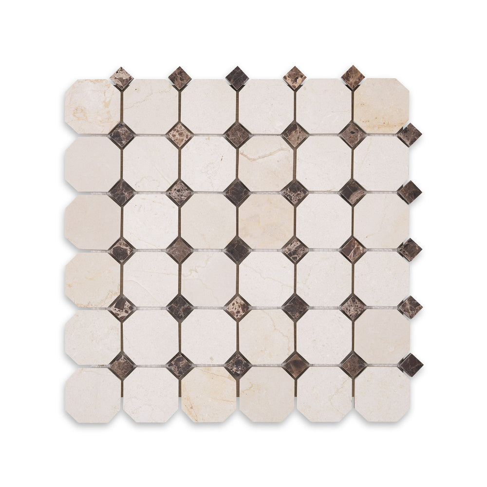 Top-down view of Crema Marfil Marble 2 inch octagon mosaic with brown dot in honed finish, featuring soft edges and warm tones with a touch of contrast.