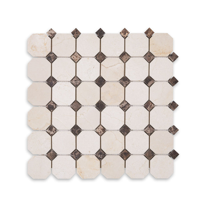 Top-down view of Crema Marfil Marble 2 inch octagon mosaic with brown dot in honed finish, featuring soft edges and warm tones with a touch of contrast.