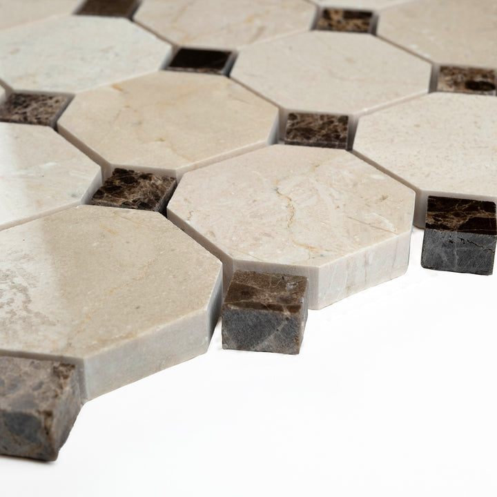 Honed 2 inch octagon Crema Marfil mosaic with brown dot accents, seen from the side to showcase the vintage elegance of this timeless pattern.