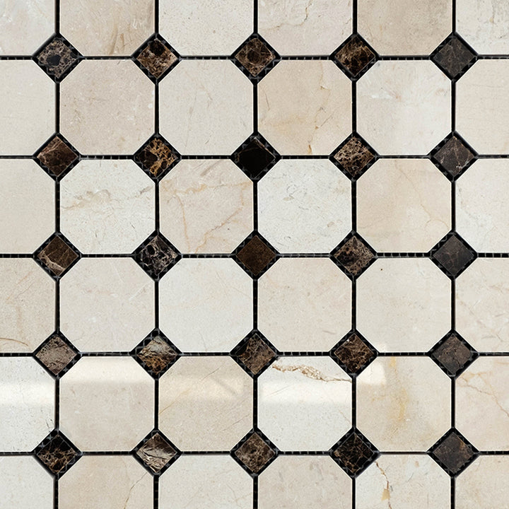 Polished Crema Marfil Marble 2" octagon mosaic with brown dots presented in an interlocking pattern overview.