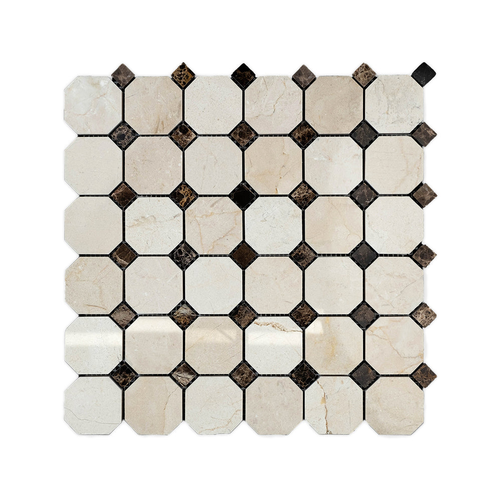 Polished Crema Marfil Marble 2 inch octagon mosaic with brown dot seen from above, combining geometric structure and glossy beige surfaces with accent details.