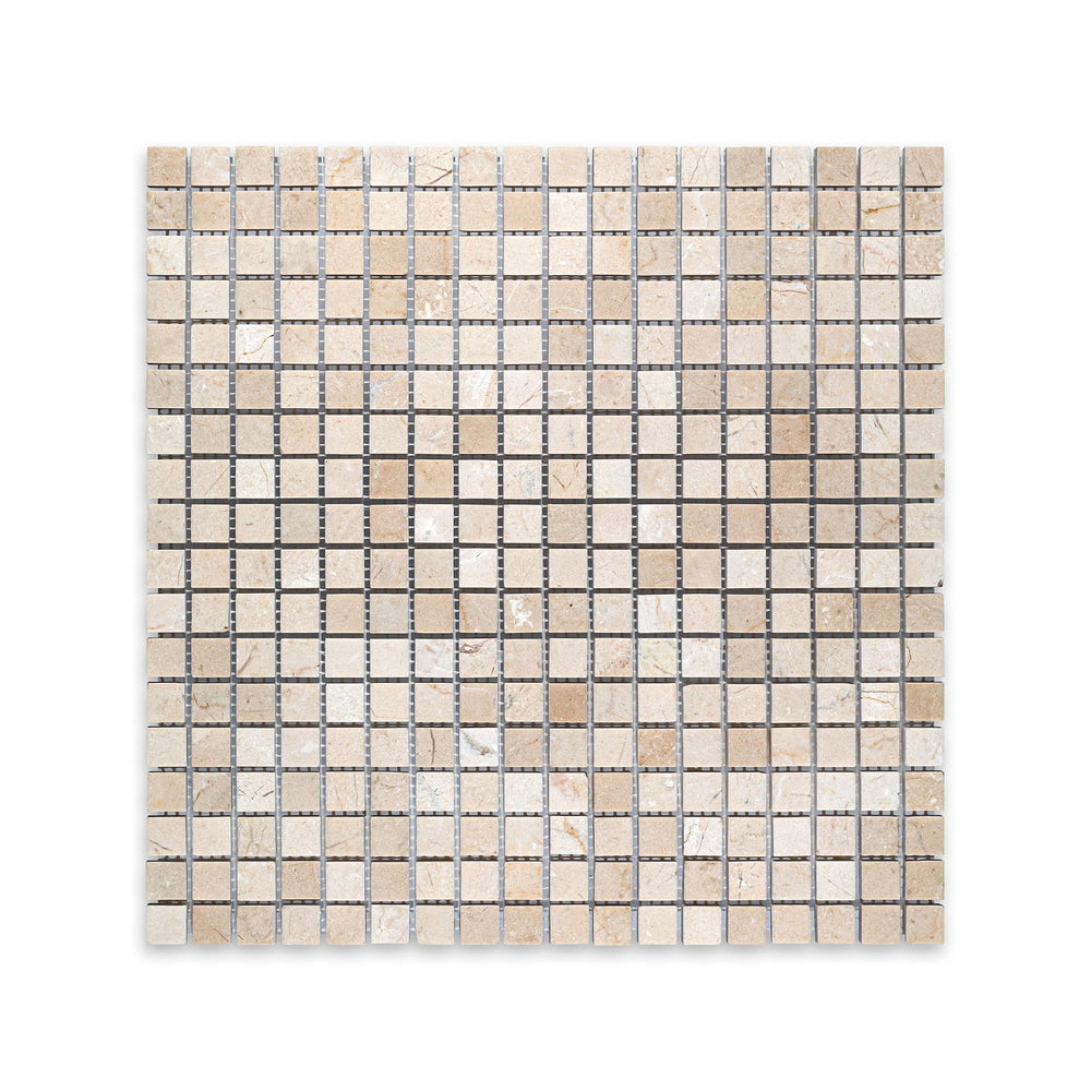 Honed Crema Marfil Marble 5/8 inch square mosaic viewed from above, offering a finely gridded layout with natural matte texture and subtle veining.