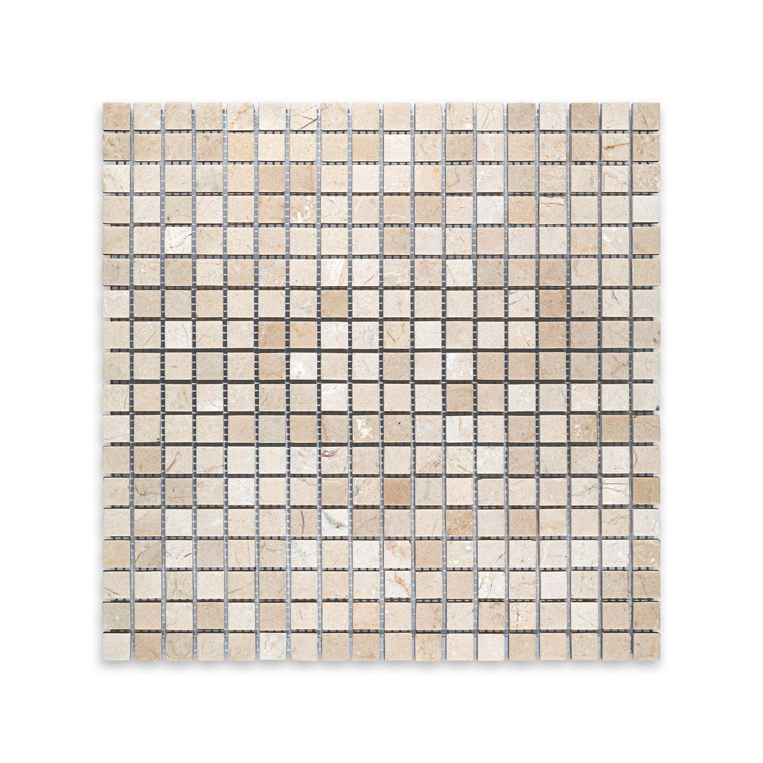 Honed Crema Marfil Marble 5/8 inch square mosaic viewed from above, offering a finely gridded layout with natural matte texture and subtle veining.