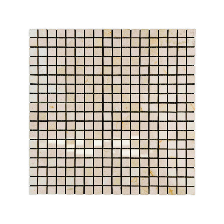 Top-down image of polished 5/8 inch square Crema Marfil Marble mosaic, featuring precise alignment and glossy surfaces in a soft beige palette.